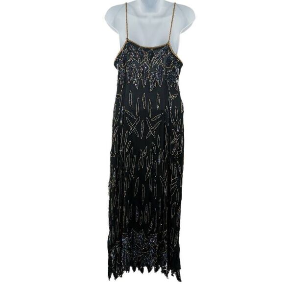 Vintage Black Silk Dress with Iridescent Beaded Leaf Design and Fringe Hem | Tag - Picture 2 of 4